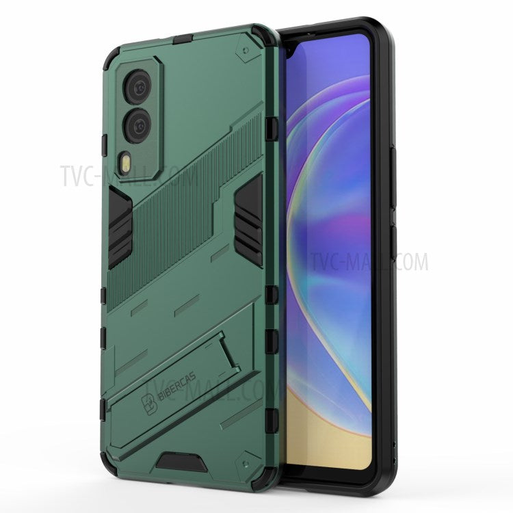 Hybrid Impact Anti-Slip Hard PC Soft TPU Shockproof Protective Case with Kickstand for vivo V21e 5G - Green