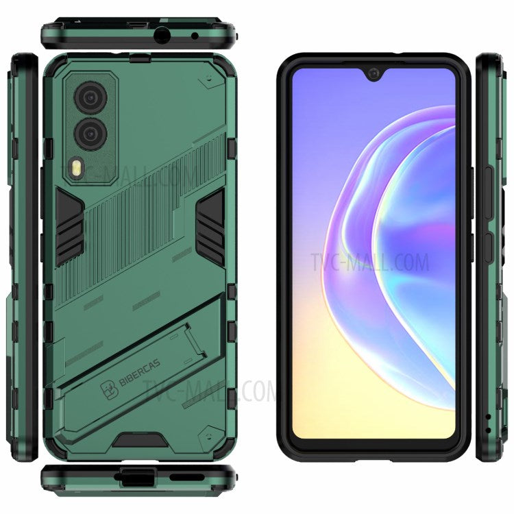 Hybrid Impact Anti-Slip Hard PC Soft TPU Shockproof Protective Case with Kickstand for vivo V21e 5G - Green