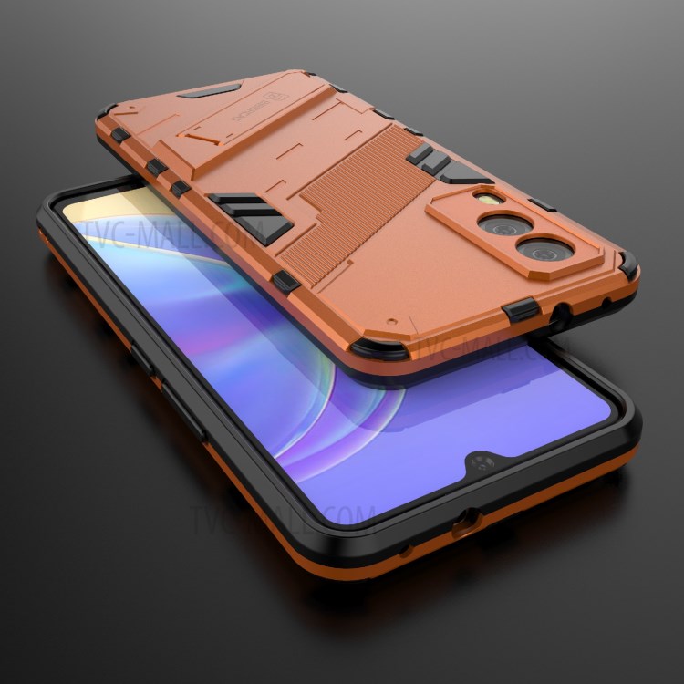 Hybrid Impact Anti-Slip Hard PC Soft TPU Shockproof Protective Case with Kickstand for vivo V21e 5G - Orange