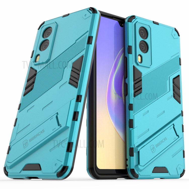 Hybrid Impact Anti-Slip Hard PC Soft TPU Shockproof Protective Case with Kickstand for vivo V21e 5G - Baby Blue