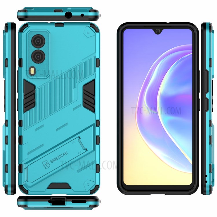 Hybrid Impact Anti-Slip Hard PC Soft TPU Shockproof Protective Case with Kickstand for vivo V21e 5G - Baby Blue