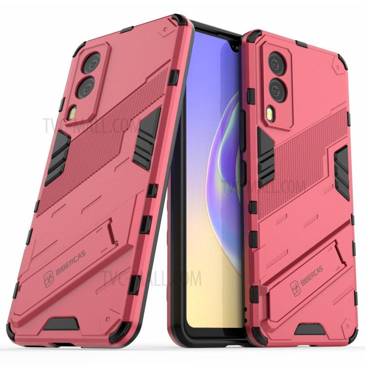 Hybrid Impact Anti-Slip Hard PC Soft TPU Shockproof Protective Case with Kickstand for vivo V21e 5G - Rose