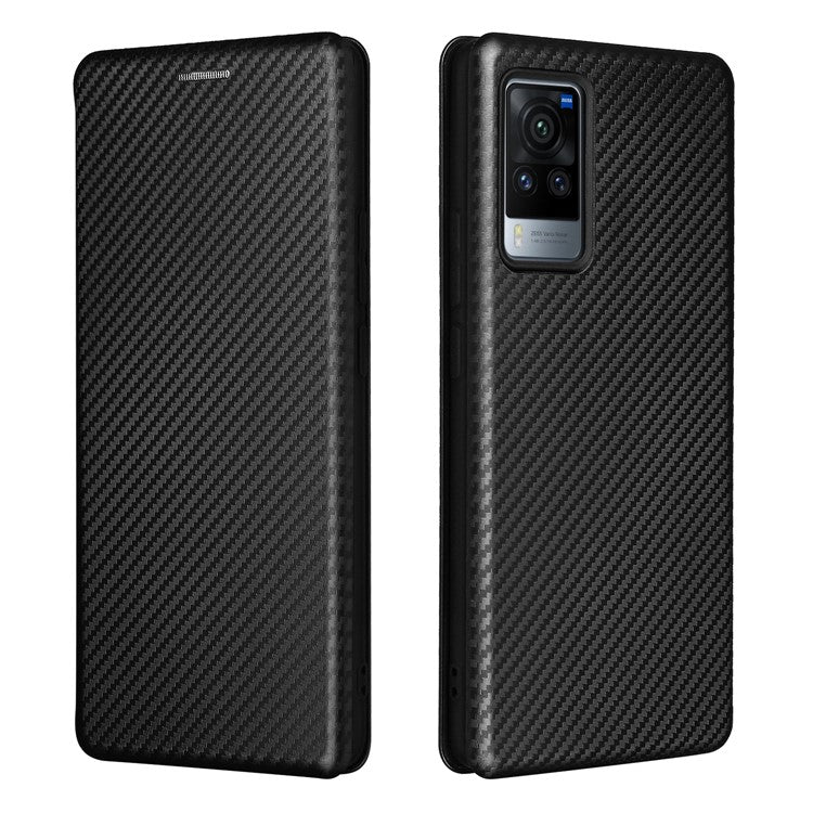 Carbon Fiber Design Durable Shock Absorption Magnetic Leather Case with Card Slot and Ring Strap for vivo X60 Pro 5G (Global) / X60 5G (Curved Screen Version) - Black