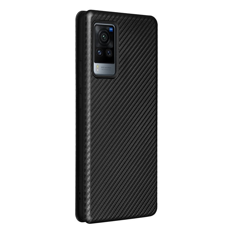 Carbon Fiber Design Durable Shock Absorption Magnetic Leather Case with Card Slot and Ring Strap for vivo X60 Pro 5G (Global) / X60 5G (Curved Screen Version) - Black