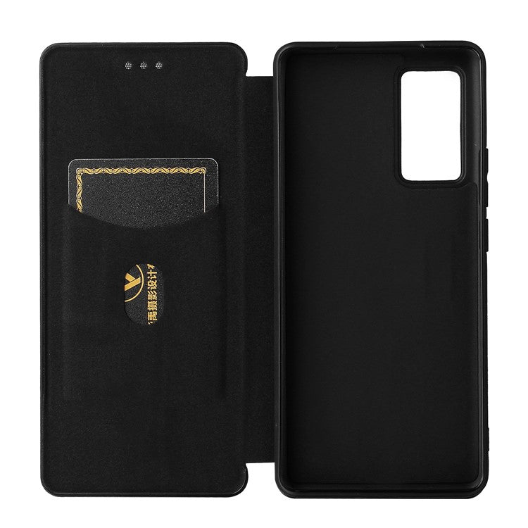 Carbon Fiber Design Durable Shock Absorption Magnetic Leather Case with Card Slot and Ring Strap for vivo X60 Pro 5G (Global) / X60 5G (Curved Screen Version) - Black