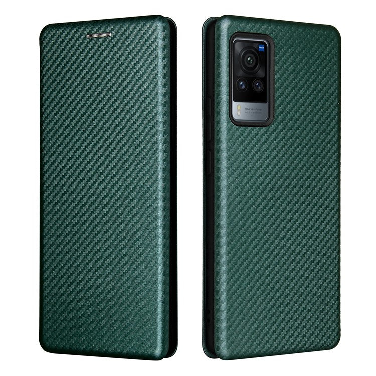 Carbon Fiber Design Durable Shock Absorption Magnetic Leather Case with Card Slot and Ring Strap for vivo X60 Pro 5G (Global) / X60 5G (Curved Screen Version) - Green