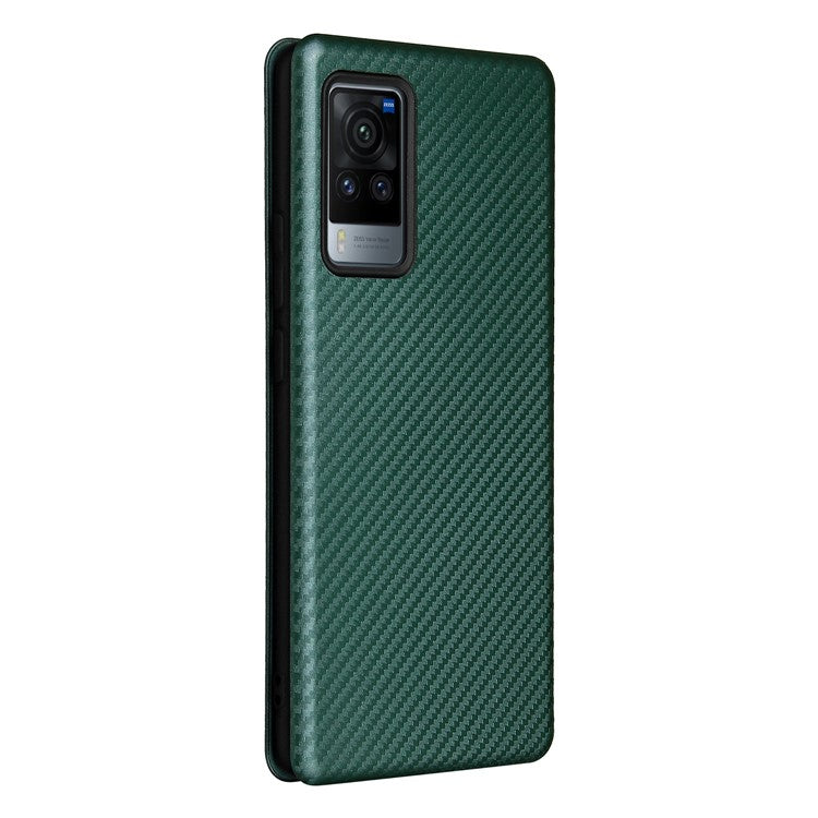 Carbon Fiber Design Durable Shock Absorption Magnetic Leather Case with Card Slot and Ring Strap for vivo X60 Pro 5G (Global) / X60 5G (Curved Screen Version) - Green