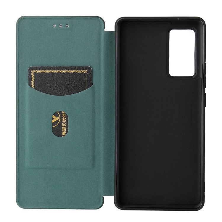 Carbon Fiber Design Durable Shock Absorption Magnetic Leather Case with Card Slot and Ring Strap for vivo X60 Pro 5G (Global) / X60 5G (Curved Screen Version) - Green