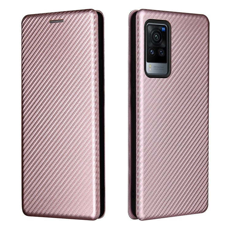 Carbon Fiber Design Durable Shock Absorption Magnetic Leather Case with Card Slot and Ring Strap for vivo X60 Pro 5G (Global) / X60 5G (Curved Screen Version) - Rose Gold