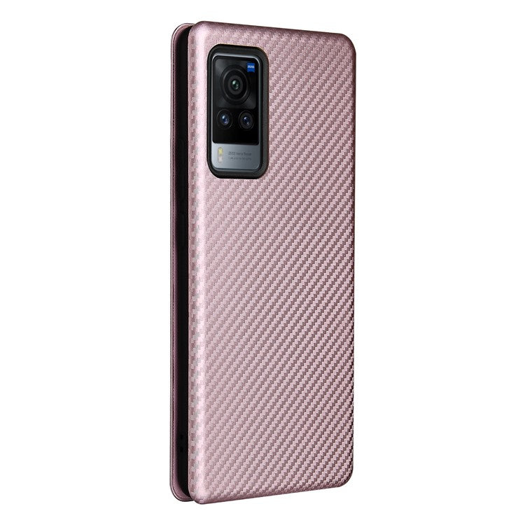 Carbon Fiber Design Durable Shock Absorption Magnetic Leather Case with Card Slot and Ring Strap for vivo X60 Pro 5G (Global) / X60 5G (Curved Screen Version) - Rose Gold