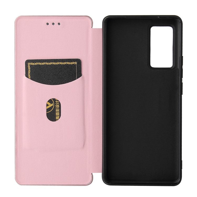 Carbon Fiber Design Durable Shock Absorption Magnetic Leather Case with Card Slot and Ring Strap for vivo X60 Pro 5G (Global) / X60 5G (Curved Screen Version) - Rose Gold