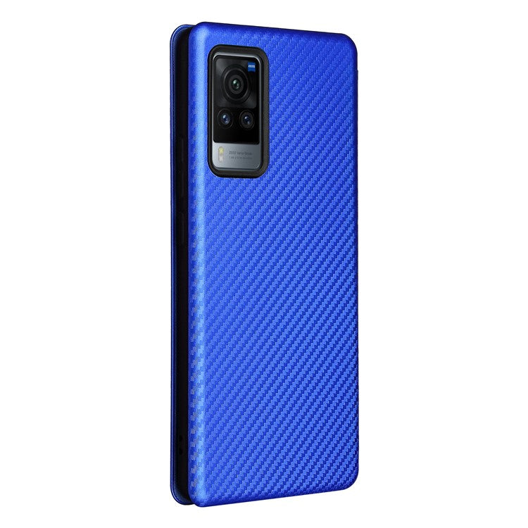 Carbon Fiber Design Durable Shock Absorption Magnetic Leather Case with Card Slot and Ring Strap for vivo X60 Pro 5G (Global) / X60 5G (Curved Screen Version) - Blue