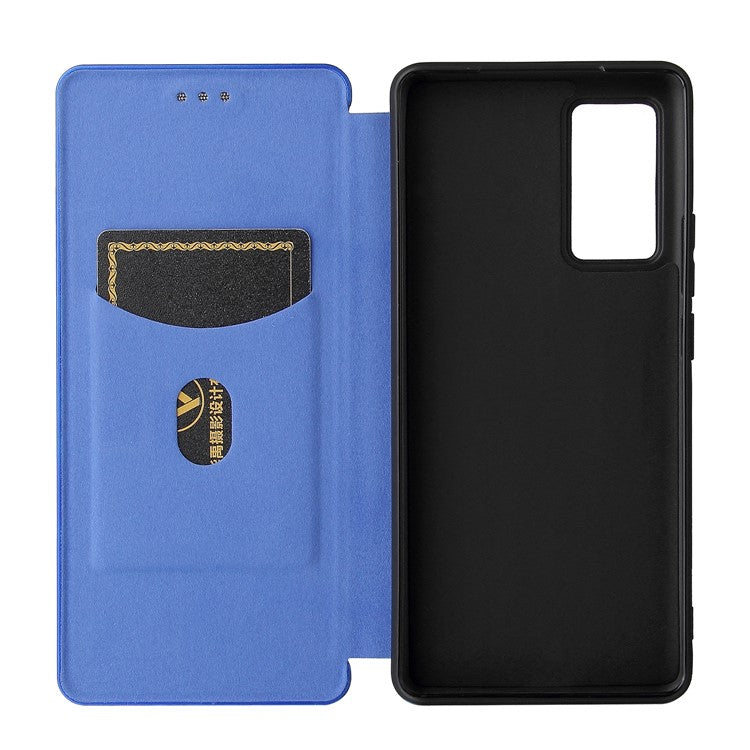 Carbon Fiber Design Durable Shock Absorption Magnetic Leather Case with Card Slot and Ring Strap for vivo X60 Pro 5G (Global) / X60 5G (Curved Screen Version) - Blue