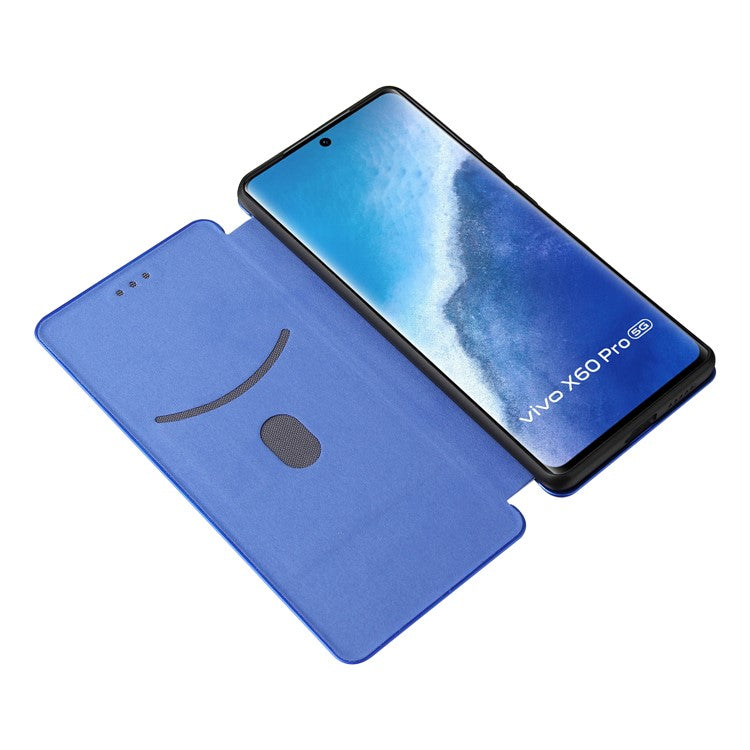 Carbon Fiber Design Durable Shock Absorption Magnetic Leather Case with Card Slot and Ring Strap for vivo X60 Pro 5G (Global) / X60 5G (Curved Screen Version) - Blue