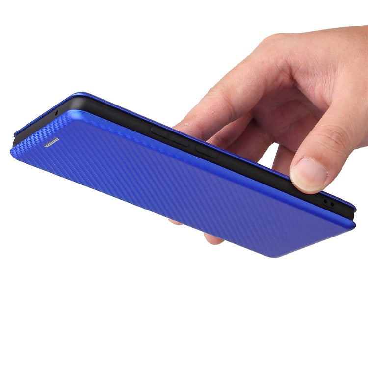 Carbon Fiber Design Durable Shock Absorption Magnetic Leather Case with Card Slot and Ring Strap for vivo X60 Pro 5G (Global) / X60 5G (Curved Screen Version) - Blue