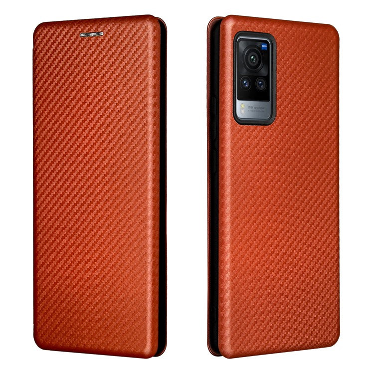 Carbon Fiber Design Durable Shock Absorption Magnetic Leather Case with Card Slot and Ring Strap for vivo X60 Pro 5G (Global) / X60 5G (Curved Screen Version) - Orange