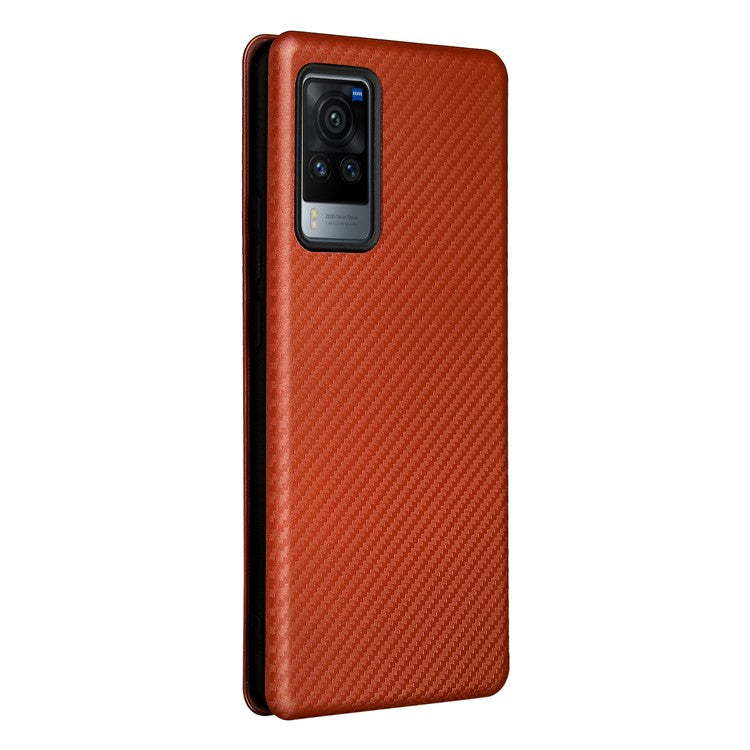 Carbon Fiber Design Durable Shock Absorption Magnetic Leather Case with Card Slot and Ring Strap for vivo X60 Pro 5G (Global) / X60 5G (Curved Screen Version) - Orange