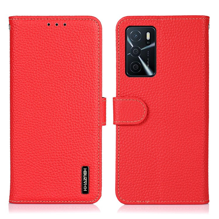 KHAZNEH Litchi Texture Top Layer Genuine Leather Wallet Stand Phone Case Shell for Oppo A16/A16s/A54s - Red