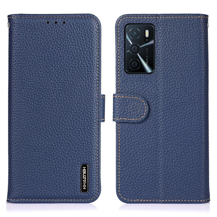 KHAZNEH Litchi Texture Top Layer Genuine Leather Wallet Stand Phone Case Shell for Oppo A16/A16s/A54s - Blue