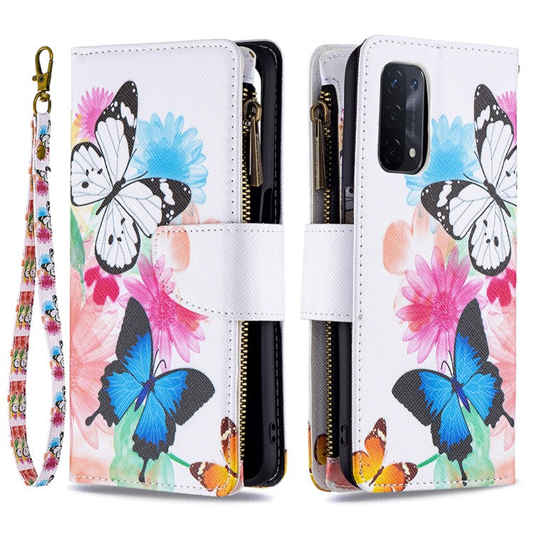 Shock-Absorbed Zippered Wallet Design BF03 Pattern Printing Full Protection Leather Stand Phone Cover for Oppo A74 5G/A93 5G/A54 5G - Two Butterflies