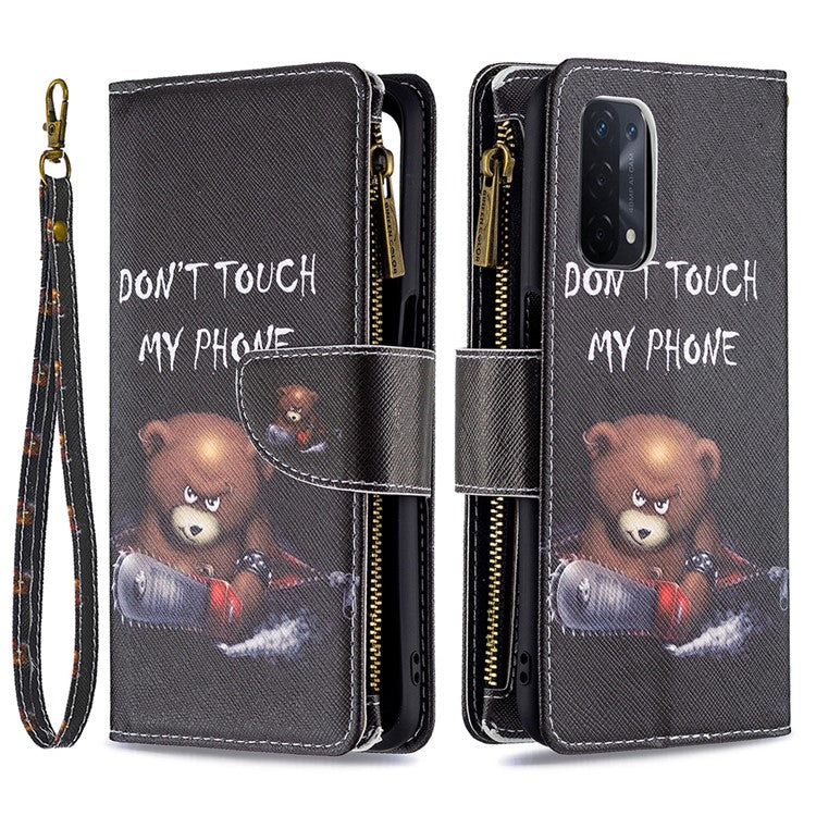 Shock-Absorbed Zippered Wallet Design BF03 Pattern Printing Full Protection Leather Stand Phone Cover for Oppo A74 5G/A93 5G/A54 5G - Bear