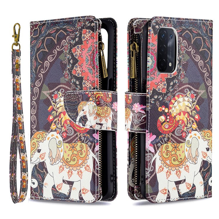 Shock-Absorbed Zippered Wallet Design BF03 Pattern Printing Full Protection Leather Stand Phone Cover for Oppo A74 5G/A93 5G/A54 5G - Flower and Elephant