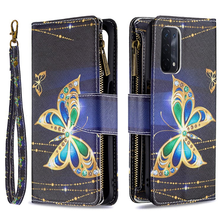 Shock-Absorbed Zippered Wallet Design BF03 Pattern Printing Full Protection Leather Stand Phone Cover for Oppo A74 5G/A93 5G/A54 5G - Crystal Butterfly