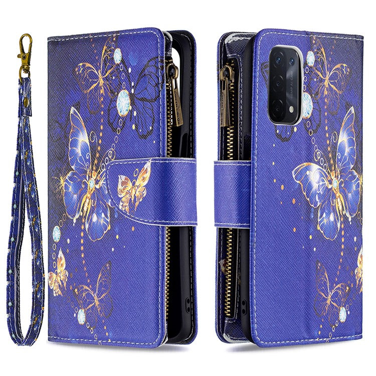 Shock-Absorbed Zippered Wallet Design BF03 Pattern Printing Full Protection Leather Stand Phone Cover for Oppo A74 5G/A93 5G/A54 5G - Golden Butterflies