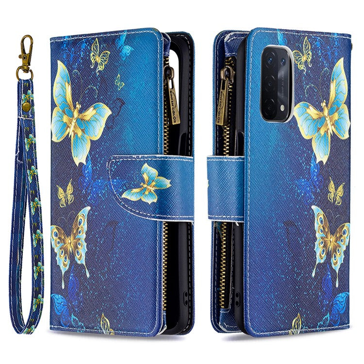 Shock-Absorbed Zippered Wallet Design BF03 Pattern Printing Full Protection Leather Stand Phone Cover for Oppo A74 5G/A93 5G/A54 5G - Blue Butterfly