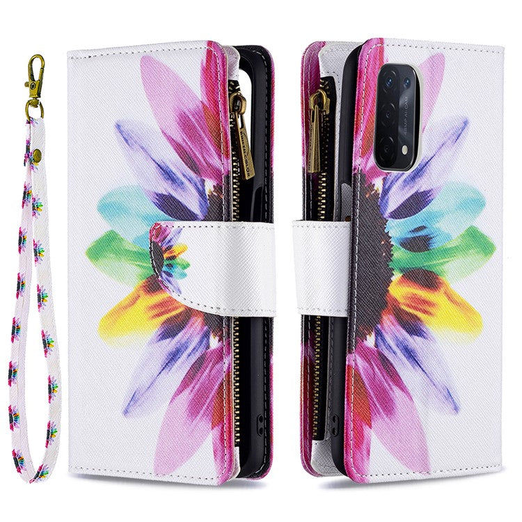 Shock-Absorbed Zippered Wallet Design BF03 Pattern Printing Full Protection Leather Stand Phone Cover for Oppo A74 5G/A93 5G/A54 5G - Sunflower