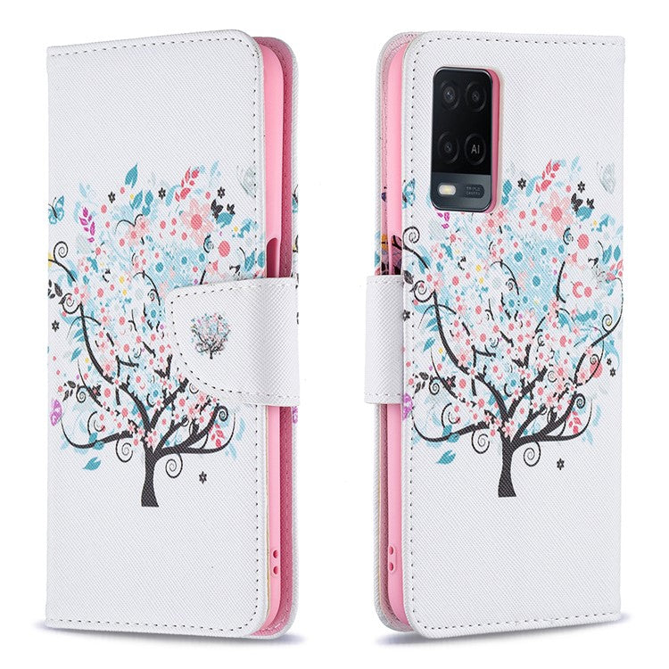 Wallet Design Drop-Resistant Pattern Printing Magnetic Leather Case with Adjustable Stand for Oppo A54 4G / A54s / A16 / A16s / A55 5G - Flower Tree