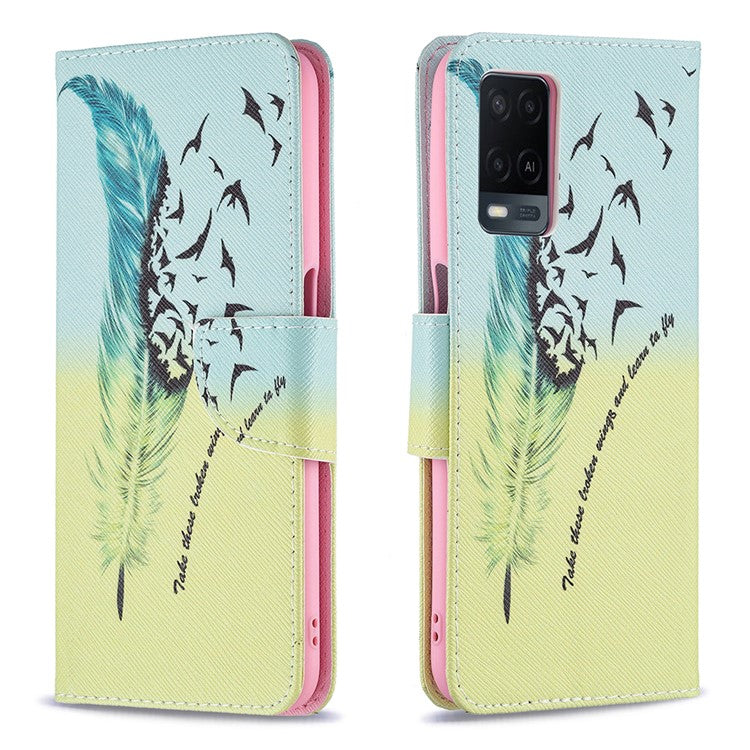 Wallet Design Drop-Resistant Pattern Printing Magnetic Leather Case with Adjustable Stand for Oppo A54 4G / A54s / A16 / A16s / A55 5G - Feather / Bird Pattern