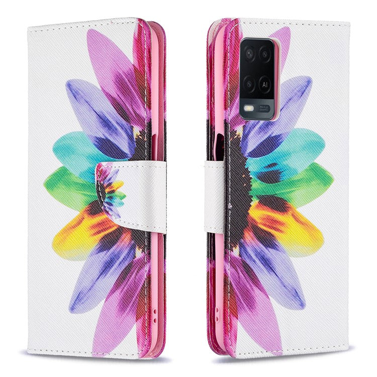 Wallet Design Drop-Resistant Pattern Printing Magnetic Leather Case with Adjustable Stand for Oppo A54 4G / A54s / A16 / A16s / A55 5G - Sunflower