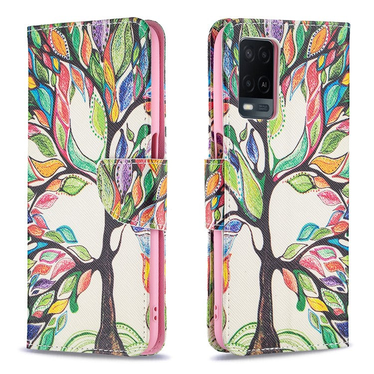 Wallet Design Drop-Resistant Pattern Printing Magnetic Leather Case with Adjustable Stand for Oppo A54 4G / A54s / A16 / A16s / A55 5G - Life Tree