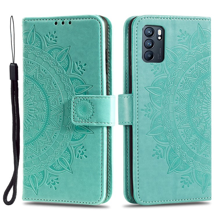 Phone Case Cover PU Leather Imprinted Mandala Pattern Wallet Stand Case for Oppo Reno6 5G - Green