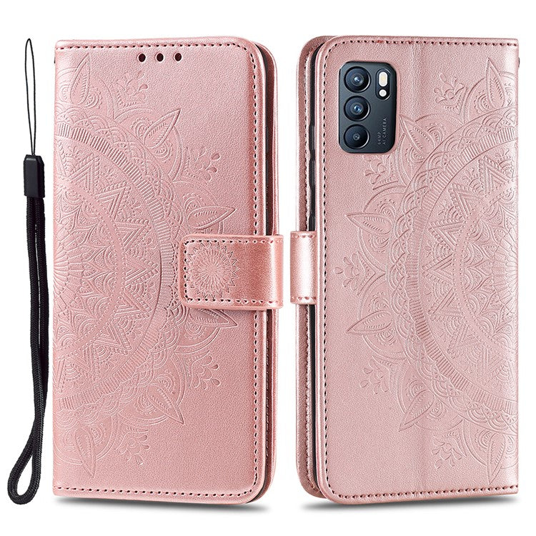 Phone Case Cover PU Leather Imprinted Mandala Pattern Wallet Stand Case for Oppo Reno6 5G - Rose Gold