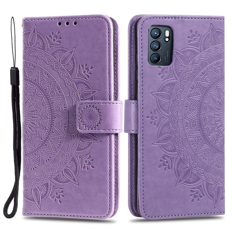 Phone Case Cover PU Leather Imprinted Mandala Pattern Wallet Stand Case for Oppo Reno6 5G - Purple