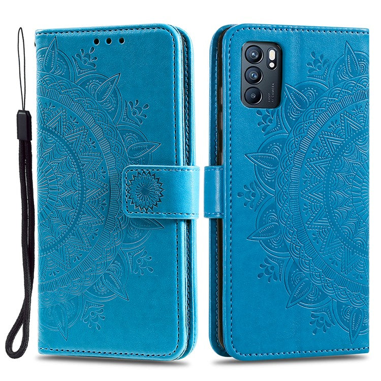 Phone Case Cover PU Leather Imprinted Mandala Pattern Wallet Stand Case for Oppo Reno6 5G - Blue