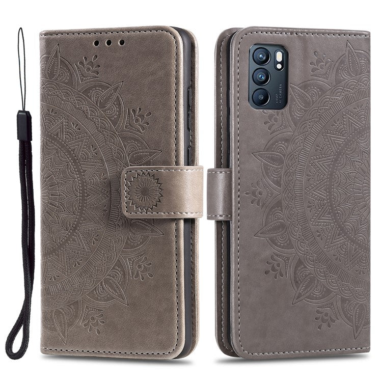 Phone Case Cover PU Leather Imprinted Mandala Pattern Wallet Stand Case for Oppo Reno6 5G - Grey