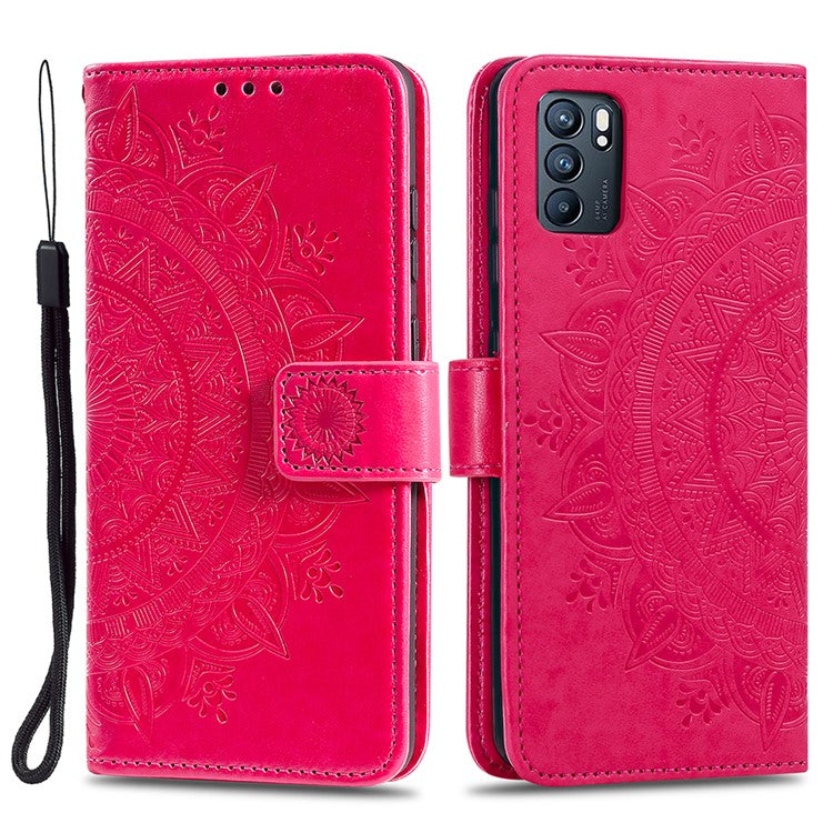 Phone Case Cover PU Leather Imprinted Mandala Pattern Wallet Stand Case for Oppo Reno6 5G - Red