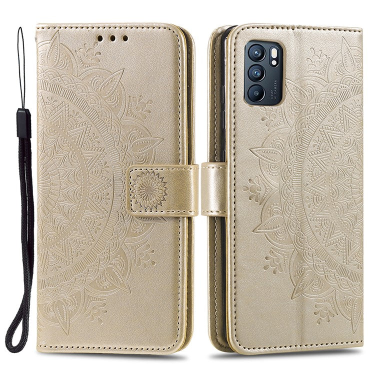 Phone Case Cover PU Leather Imprinted Mandala Pattern Wallet Stand Case for Oppo Reno6 5G - Gold