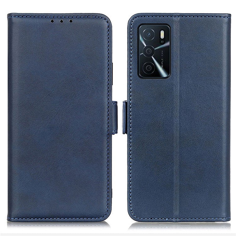 Sided Magnetic Clasp Design Drop-Proof Leather Case Wallet Stand Cover for Oppo A16/A16s/A54s - Blue