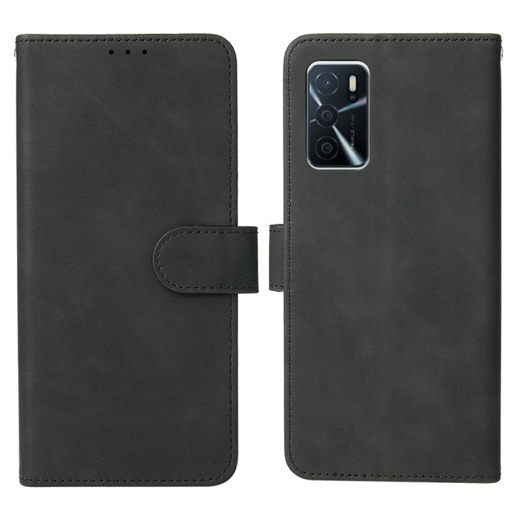 Skin-Touch PU Leather Flip Folio Stand Magnetic Suction Strong Closure Wallet Phone Case for Oppo A16 / A53s 5G / A55 5G - Black