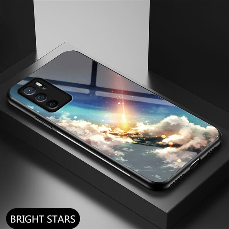 3D Sky Pattern Glitter Shockproof Tempered Glass Mirror Back Cover Protective Case for Oppo A16/A16s/A54s - Bright Starry Sky