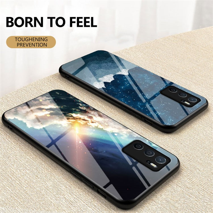 3D Sky Pattern Glitter Shockproof Tempered Glass Mirror Back Cover Protective Case for Oppo A16/A16s/A54s - Bright Starry Sky