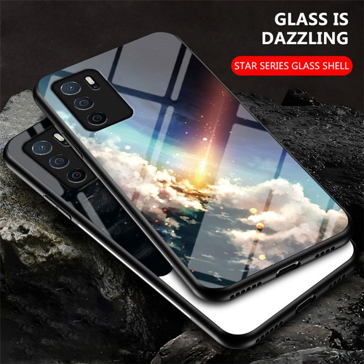 3D Sky Pattern Glitter Shockproof Tempered Glass Mirror Back Cover Protective Case for Oppo A16/A16s/A54s - Bright Starry Sky