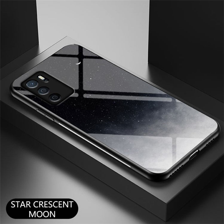 3D Sky Pattern Glitter Shockproof Tempered Glass Mirror Back Cover Protective Case for Oppo A16/A16s/A54s - Starry Crescent Moon