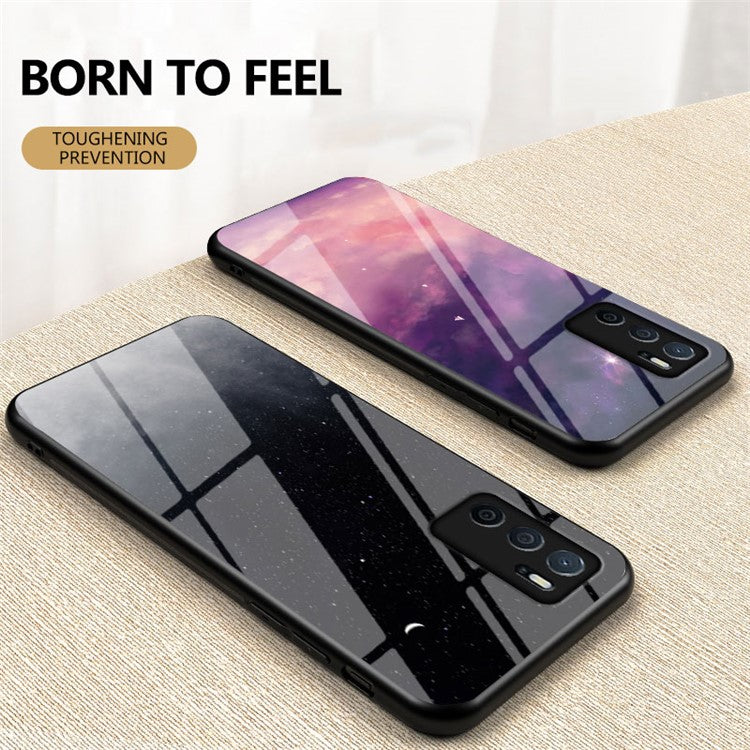 3D Sky Pattern Glitter Shockproof Tempered Glass Mirror Back Cover Protective Case for Oppo A16/A16s/A54s - Starry Crescent Moon