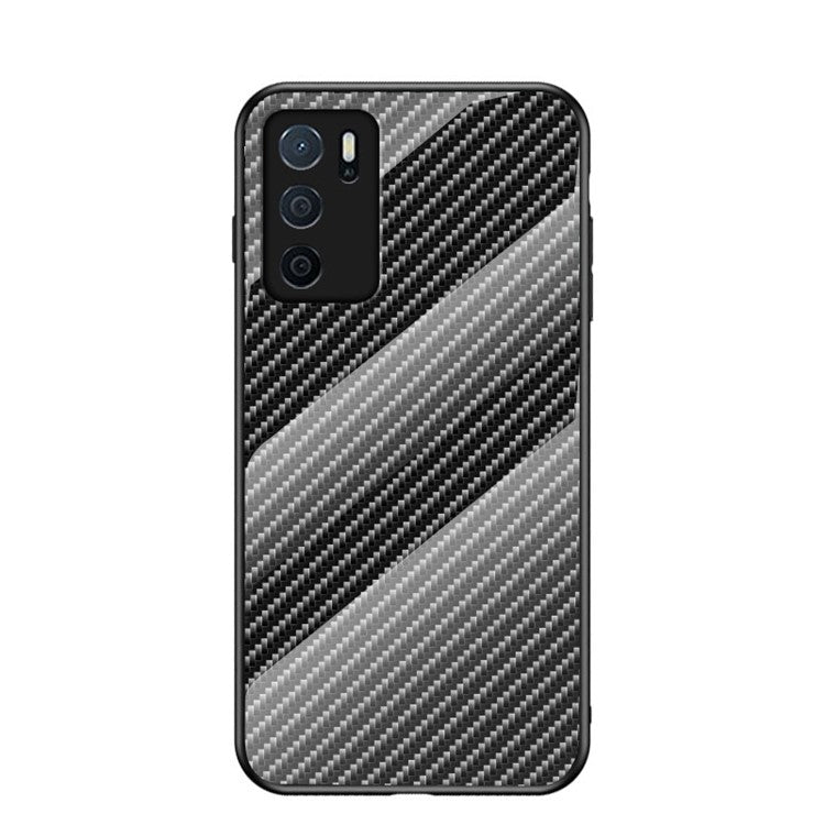 Slim Lightweight Scratch-Resistant Carbon Fiber Texture Luxury Hard Tempered Glass Back Cover Case for Oppo A16/A16s/A54s - Black Fiber