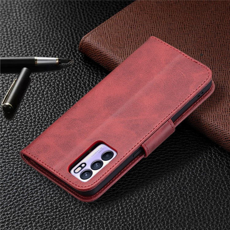 360° Full Coverage Anti-Scratch Stylish PU Leather Smartphone Wallet Stand Case for Oppo Reno6 5G - Red